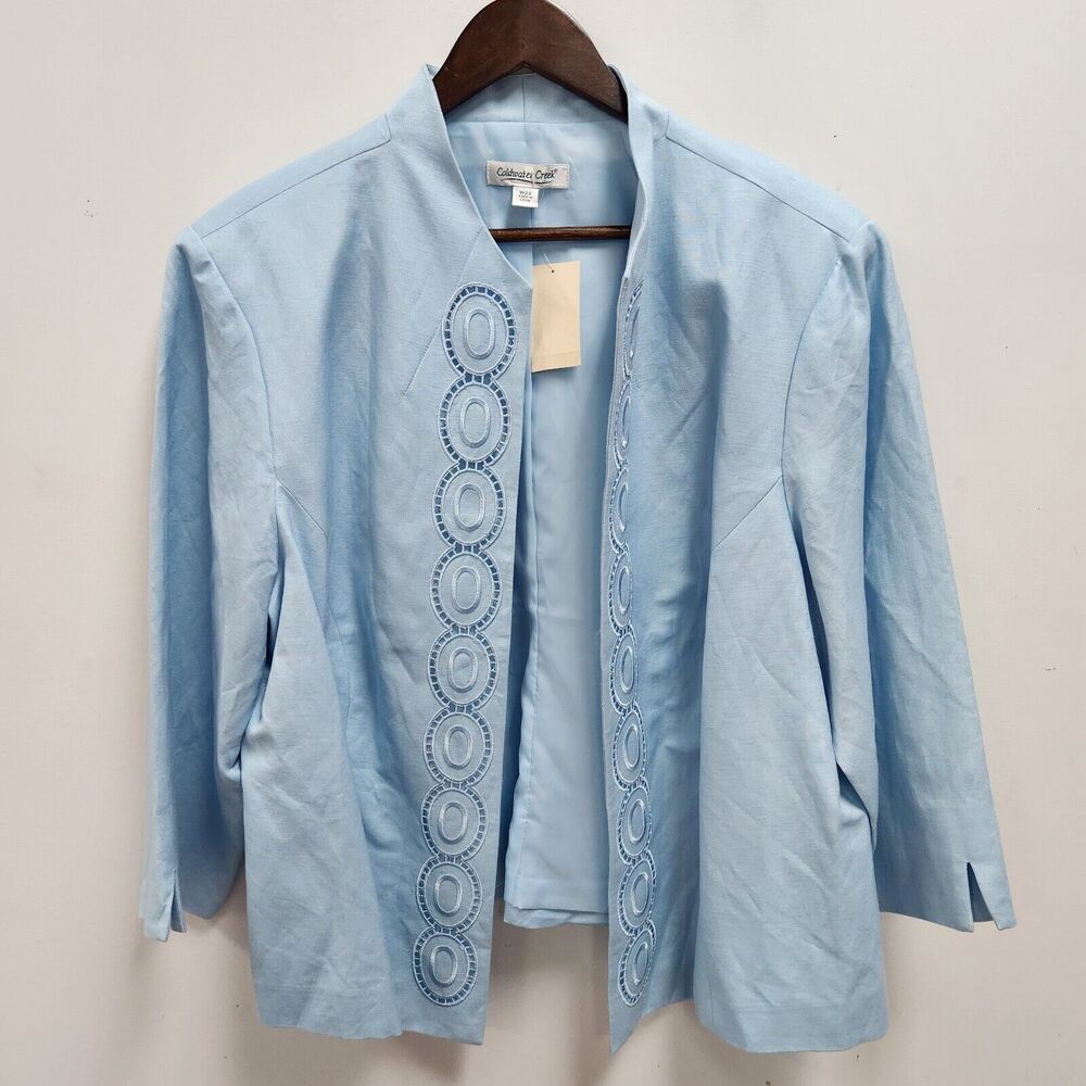 Coldwater Creek Womens Plus Linen Blend Blazer Size 22W Blue Embroidered Career